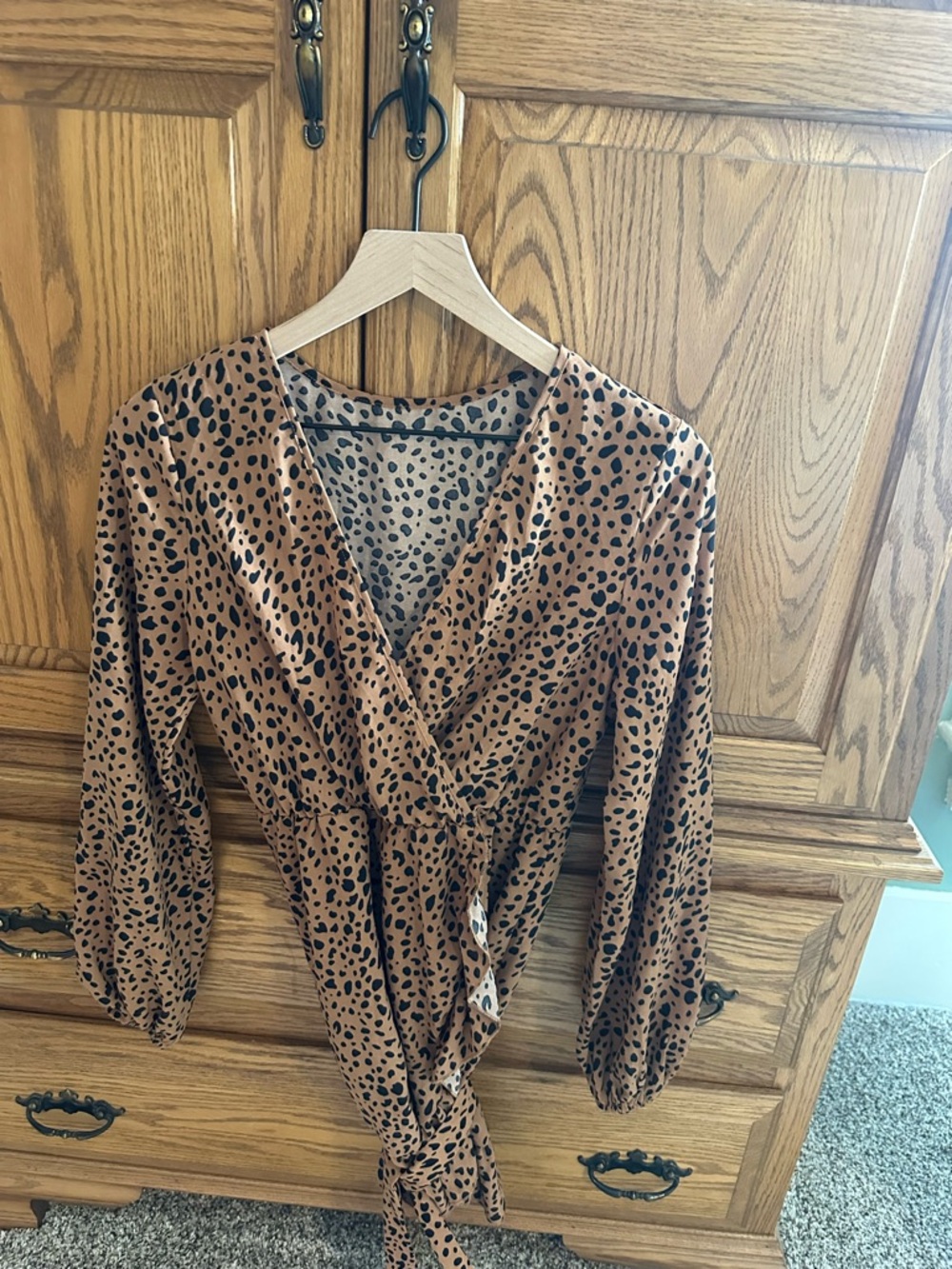 Wrap Front Leopard Print Blouse - Brown